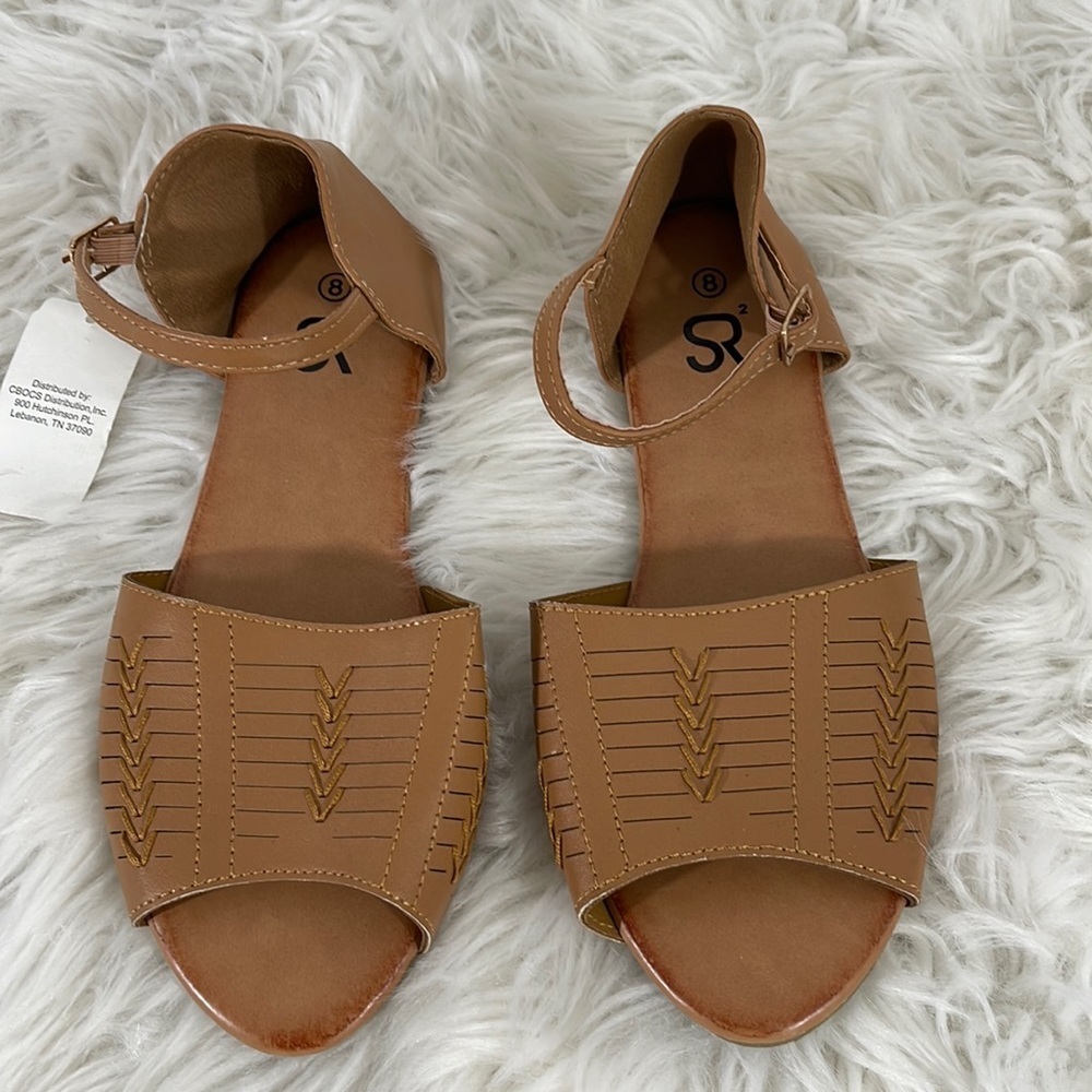 SR2 Huarache Flat Peep Toe Sandals Ankle Strap Brown Size 8